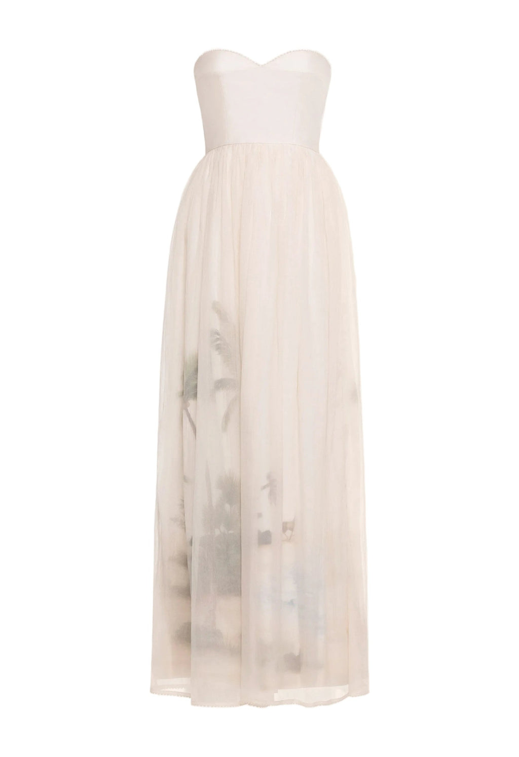 Front view of Tonia Arena Maxi Dress showcasing strapless bodice and organza overlay skirt with hand illustrated print