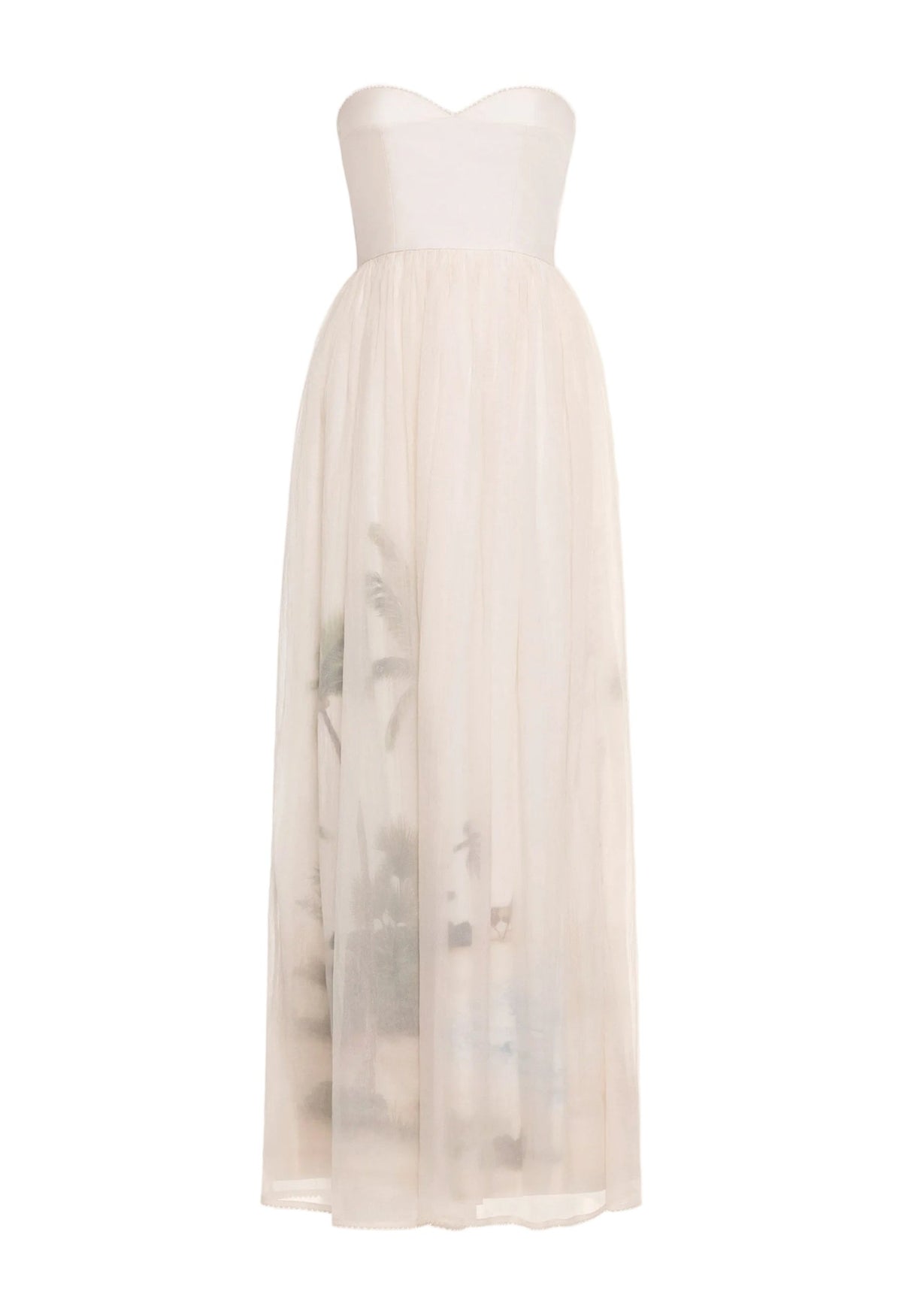 Front view of Tonia Arena Maxi Dress showcasing strapless bodice and organza overlay skirt with hand illustrated print