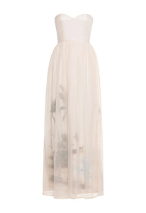Front view of Tonia Arena Maxi Dress showcasing strapless bodice and organza overlay skirt with hand illustrated print