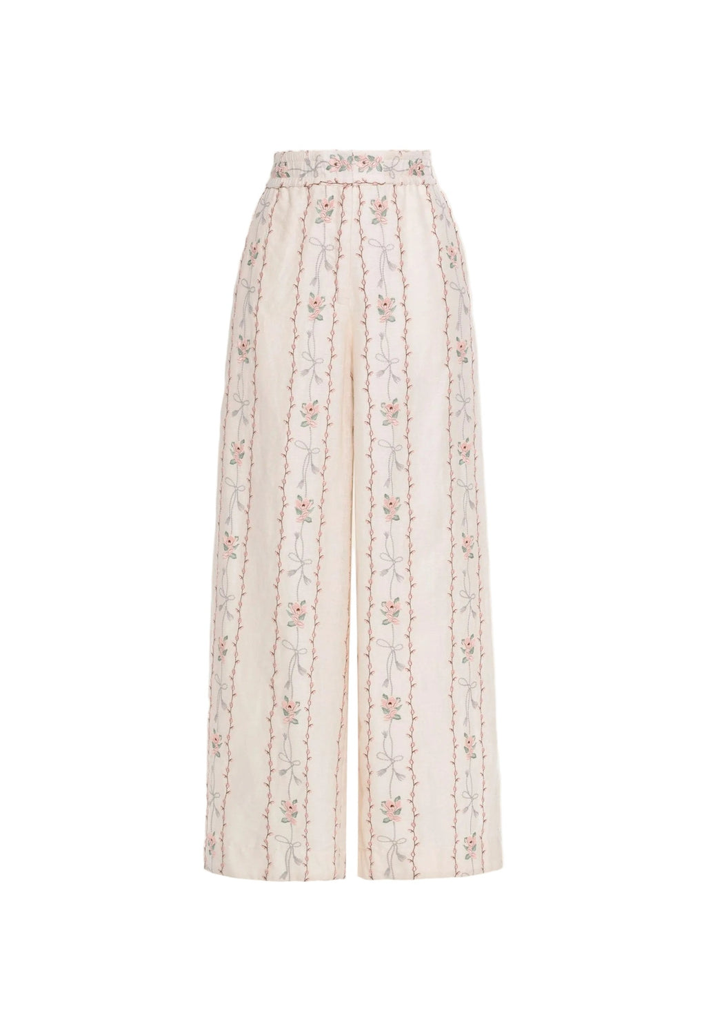 Front view of Tota Navegante Trouser showcasing high-rise wide-leg silhouette and floral embroidery with white background