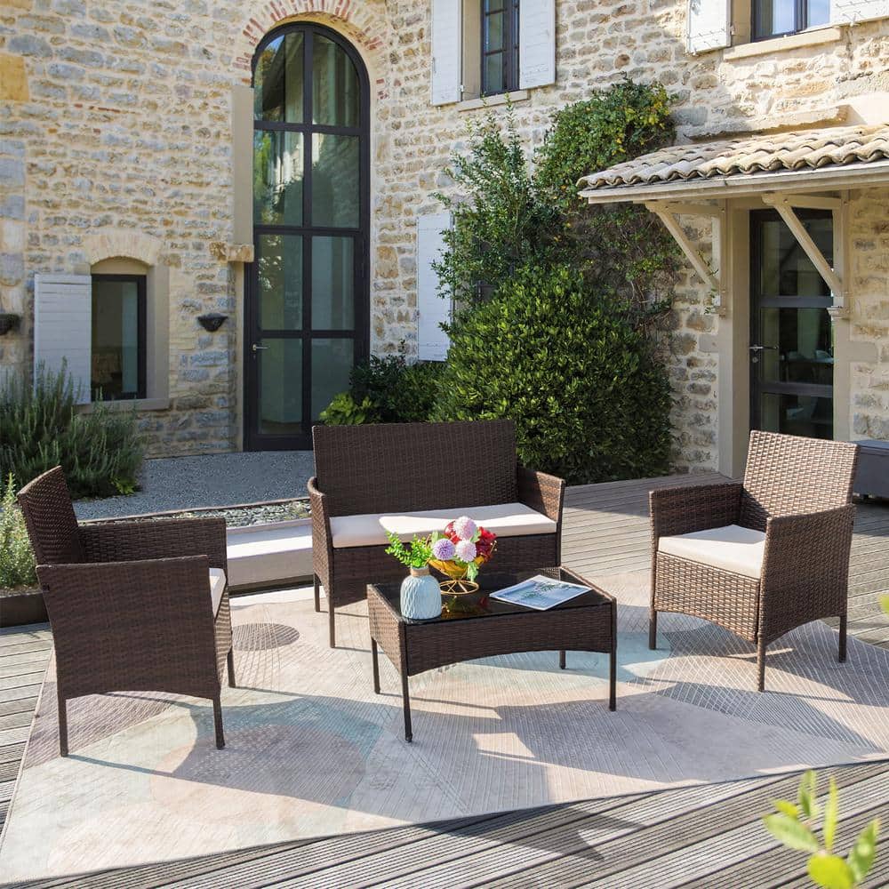 Brown 4-Pieces Wicker Outdoor Patio Furniture Sets Rattan Chair Wicker Set with Beige Cushion
