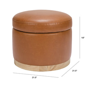 Naka Storage Ottoman in Vegan Leather in Vegan Tan Leather with Light Wood Base