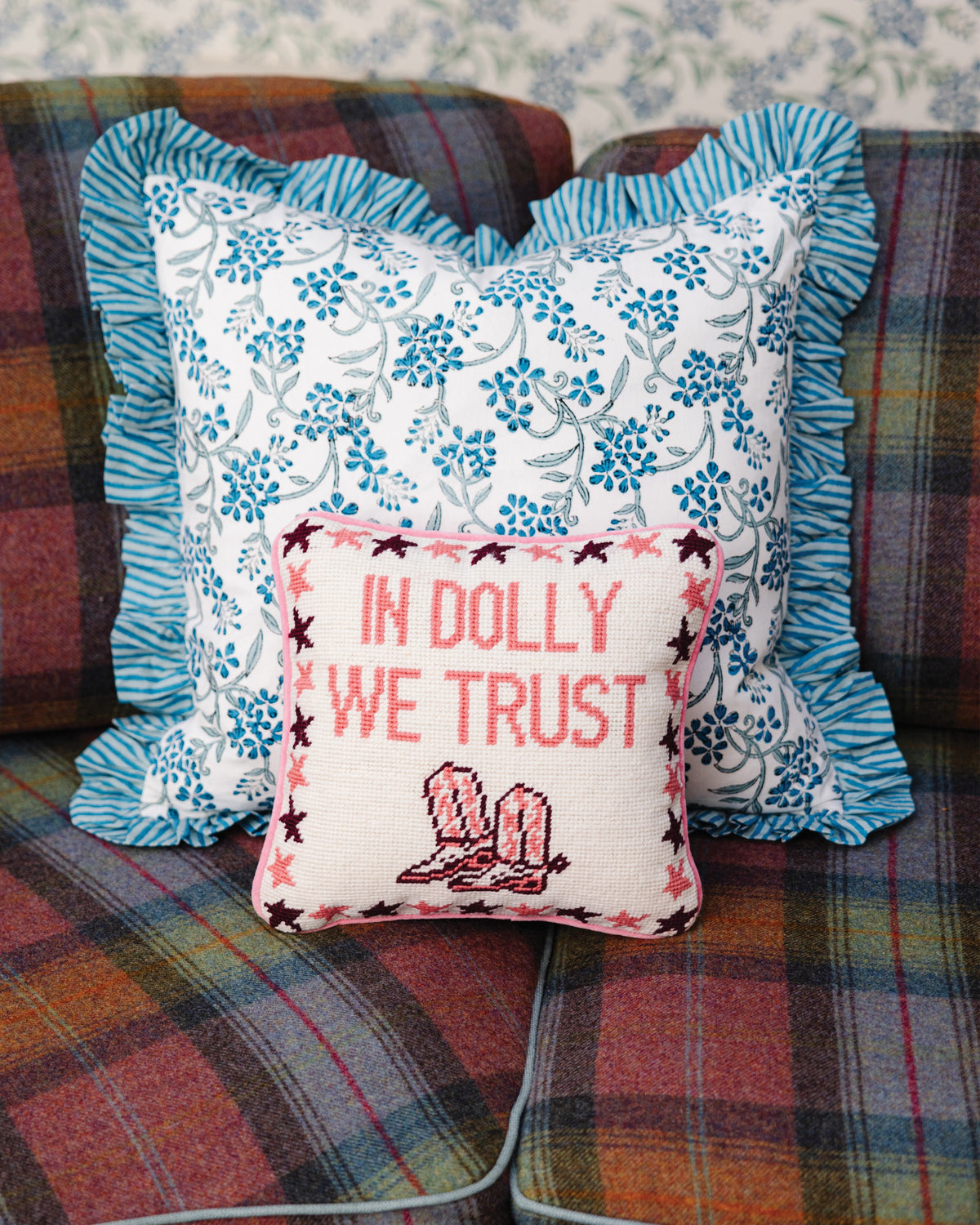 Trust Dolly Needlepoint Pillow - styled on sofa