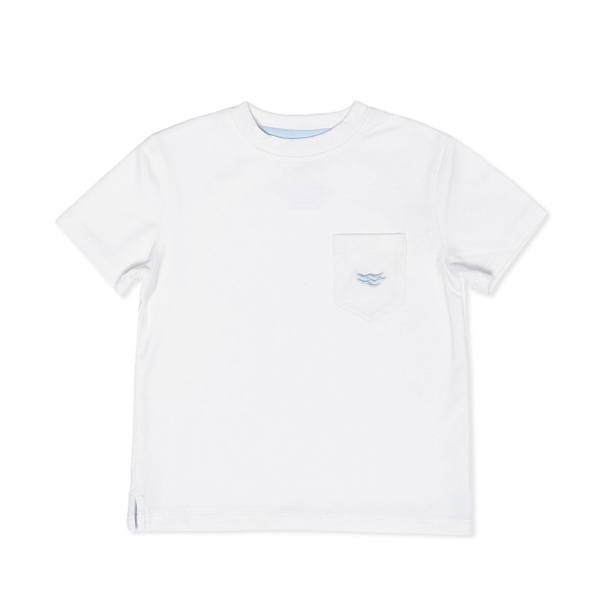 Front view of Tucker Tee in Classic White showcasing chest pocket with small blue wave embroidery on white background
