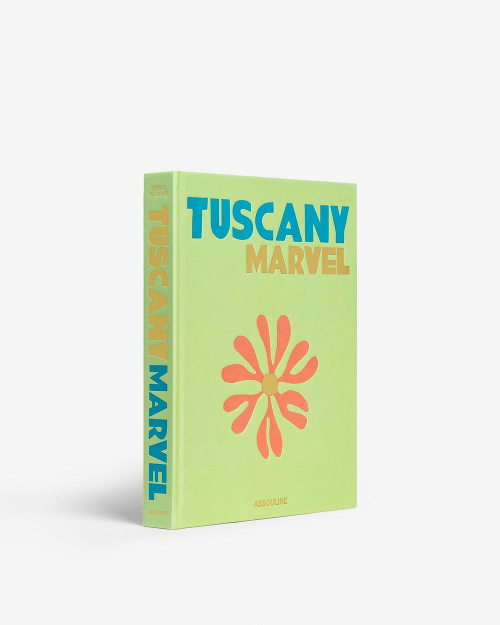 Three-quarter view of Tuscany Marvel hardcover with lime green cover, blue and gold title, and pink flower on white background