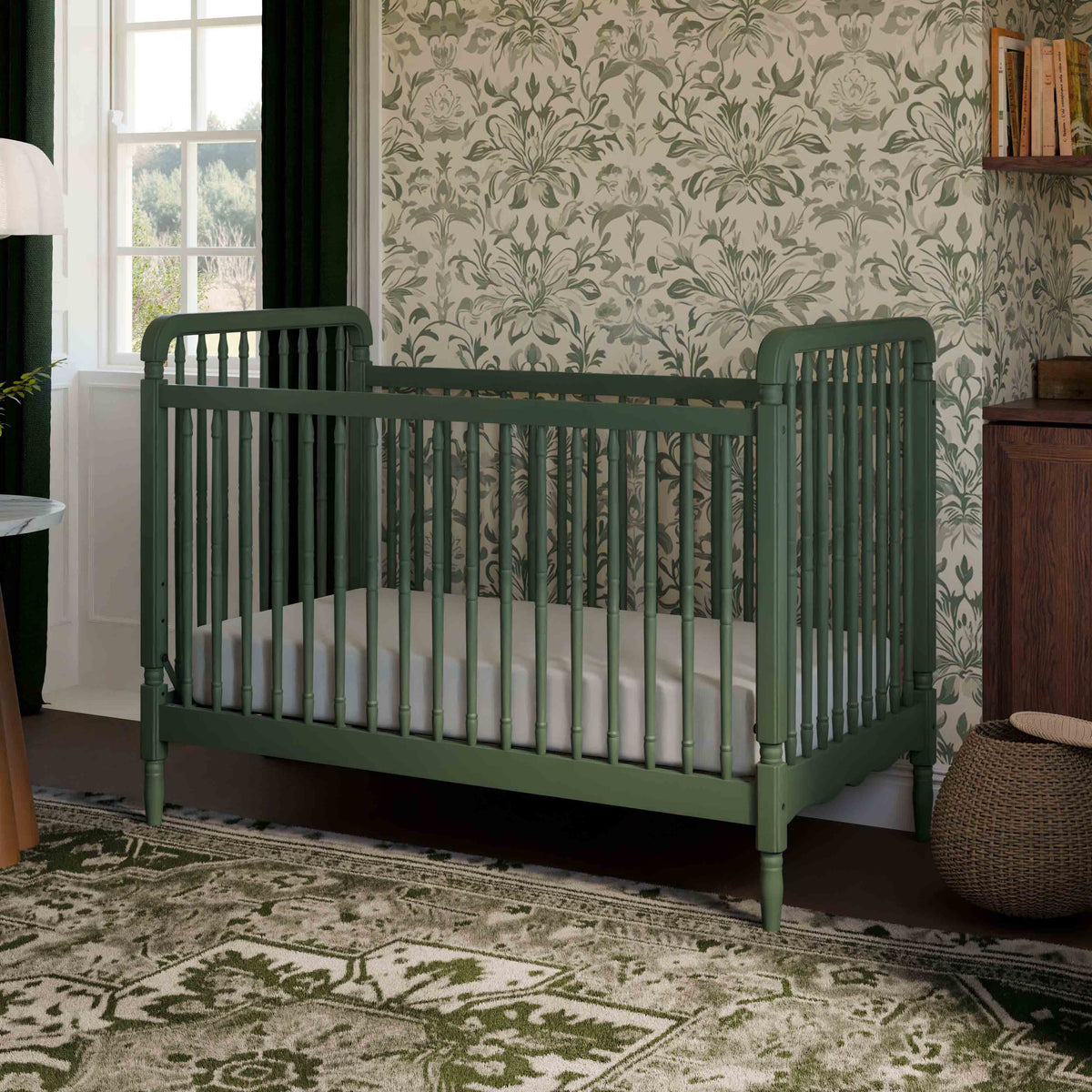 Liberty 3-in-1 Convertible Spindle Crib with Toddler Bed Conversion Kit in Forest Green