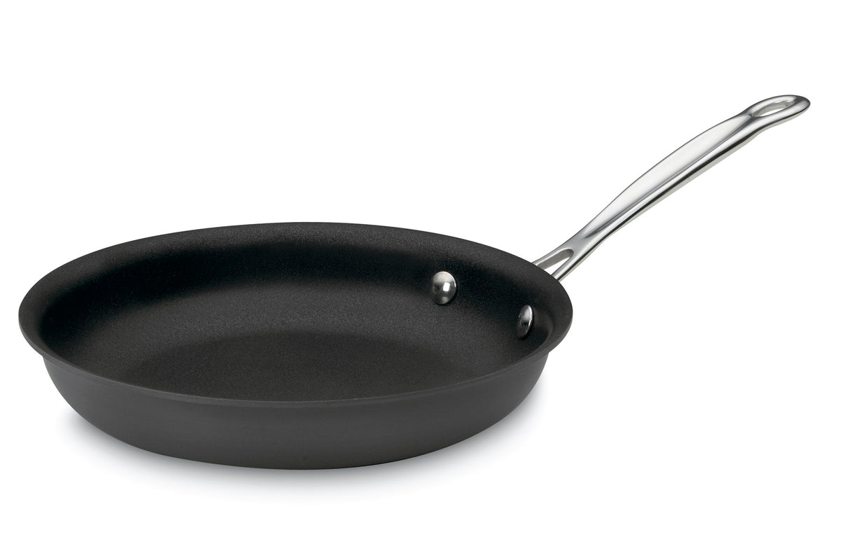 Front three-quarter view of 9 inch Nonstick Skillet in Black showcasing its nonstick interior and stainless steel handle on a white background
