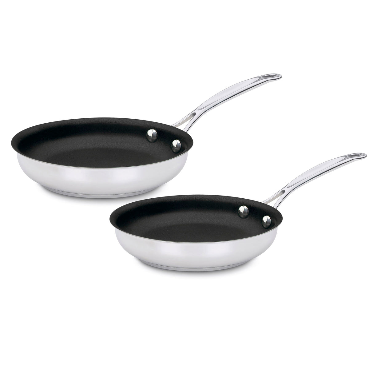 Angled view of Chef’s Classic set of 2 nonstick skillets showcasing stainless steel exteriors and black interiors on white