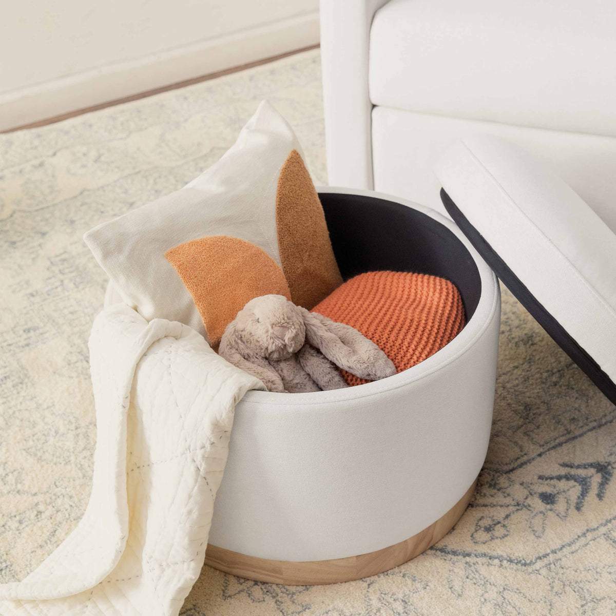 Naka Storage Ottoman in Eco-Performance Fabric | Water Repellent & Stain Resistant in Performance Cream Eco-Weave with Light Wood Base