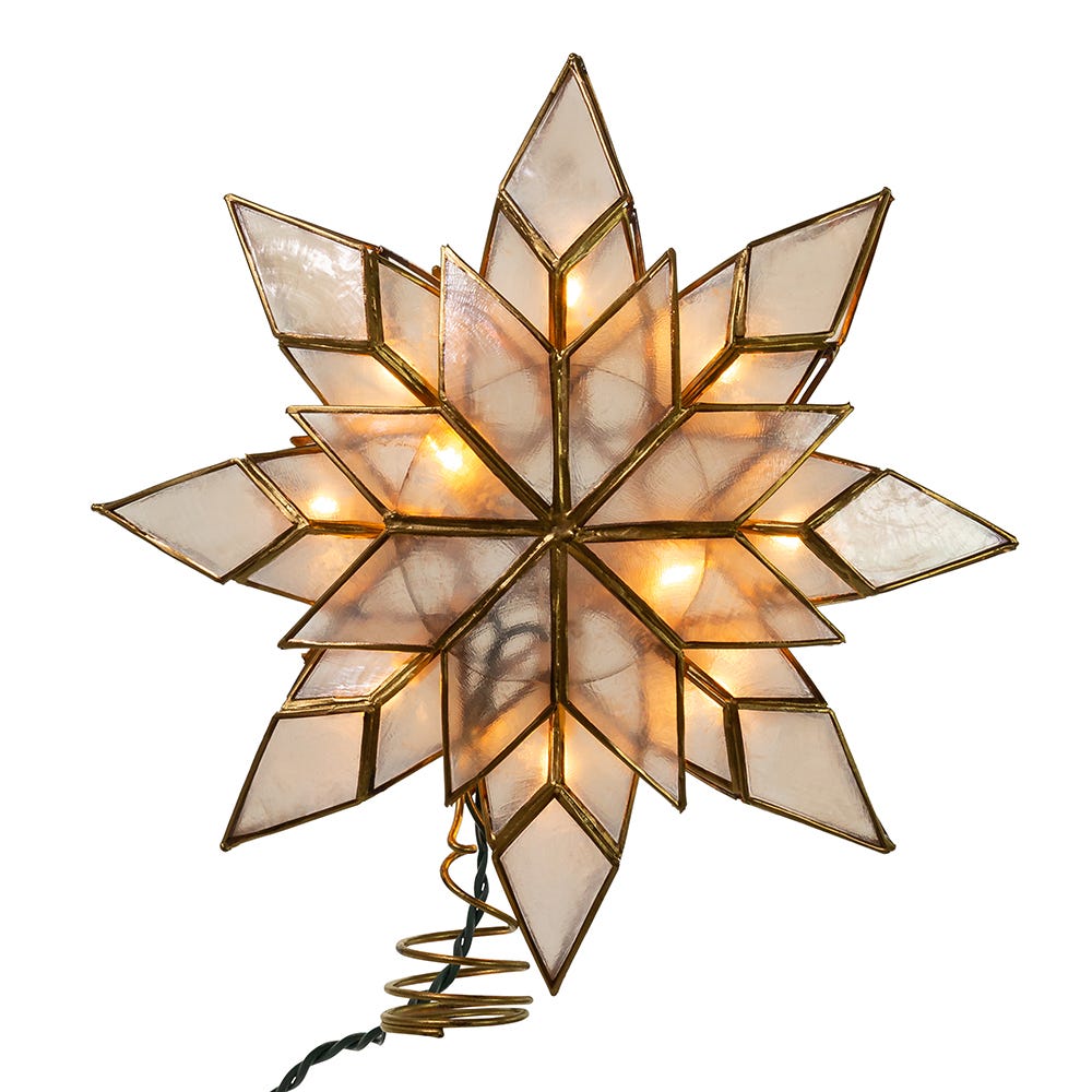 Front view of Capiz Clear Star Treetop showing a gold and iridescent multifaceted star with 10 lights on white