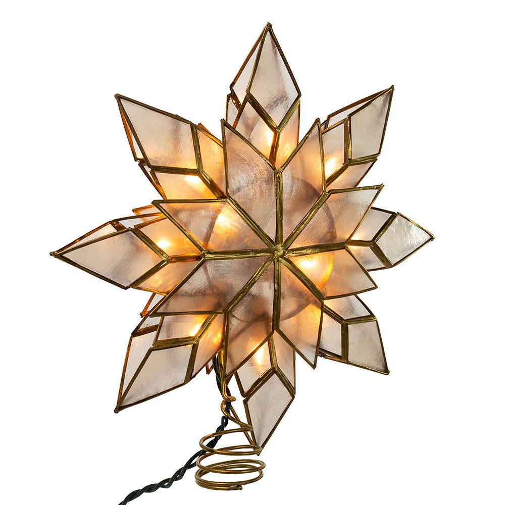 Front view of Capiz Clear Star Treetop showcasing multifaceted gold and iridescent panels with lit bulbs on white background