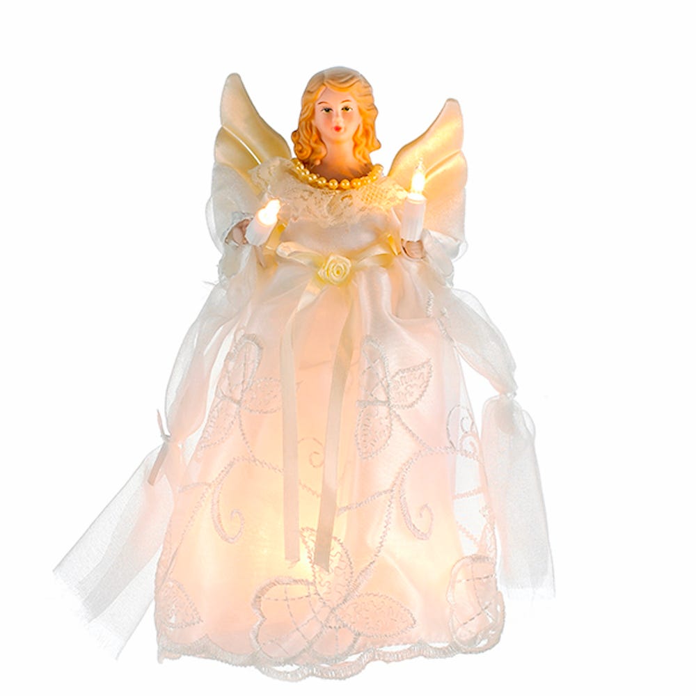 Front view of Gold and Ivory Angel Treetop showing illuminated blonde angel in ivory and gold gown with candles