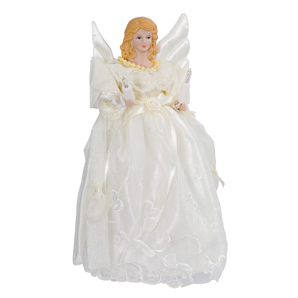 Front view of Gold and Ivory Angel Treetop showcasing blonde angel, ivory and gold gown, wings, and candle holders on white