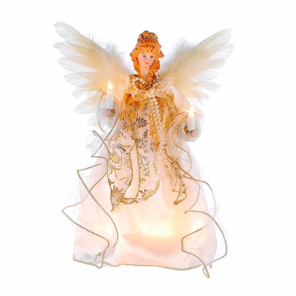 Front view of Ivory and Gold Angel Treetop showcasing feather wings and two illuminated candles against a white background