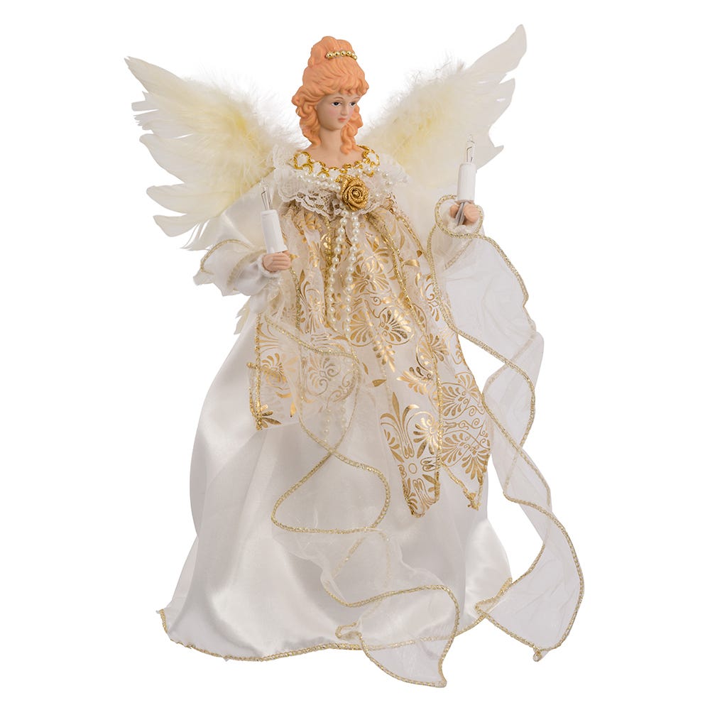 Front view of Ivory and Gold Angel Treetop showcasing feathered wings, gold-trimmed ivory gown, and two candles