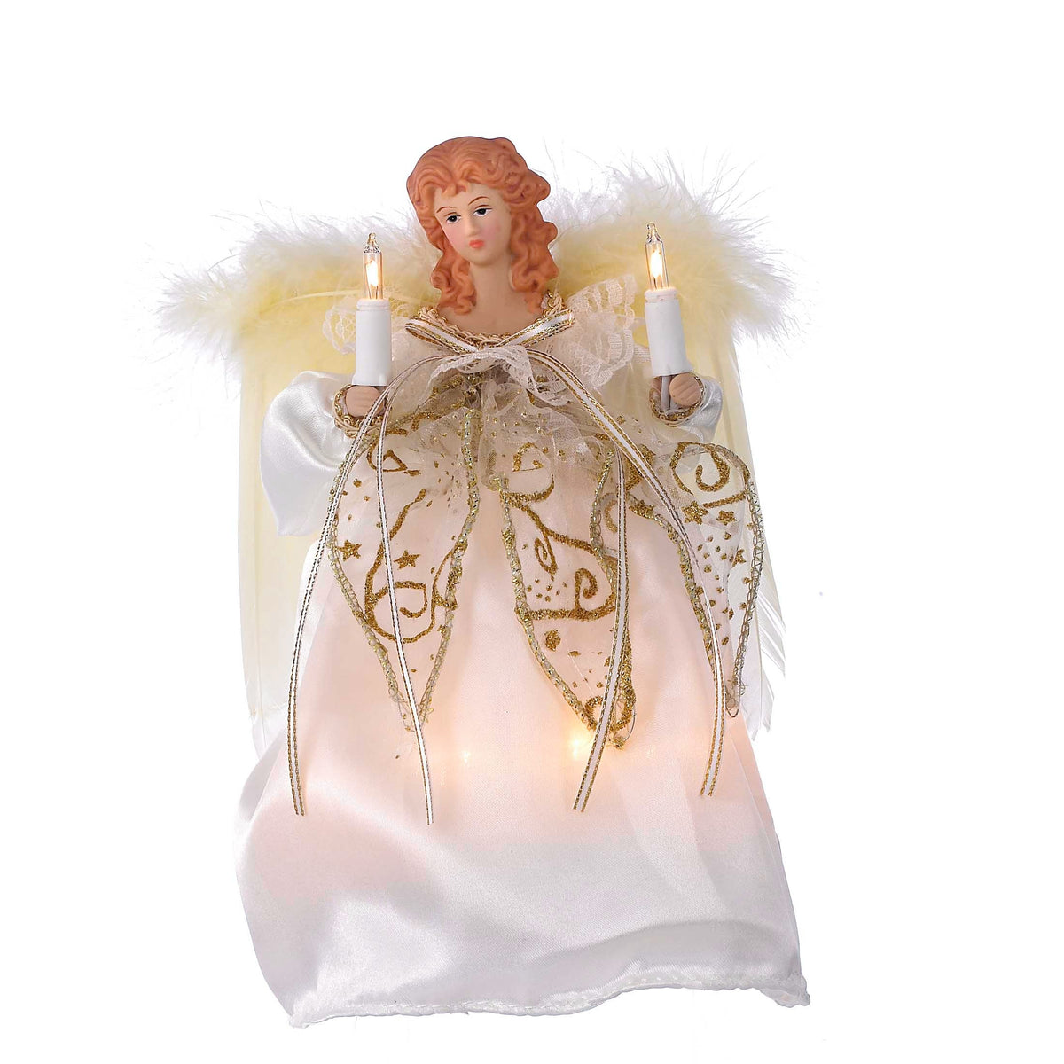 Front view of Ivory and Gold Angel Treetop showcasing feathered wings and two lighted candles with a white background