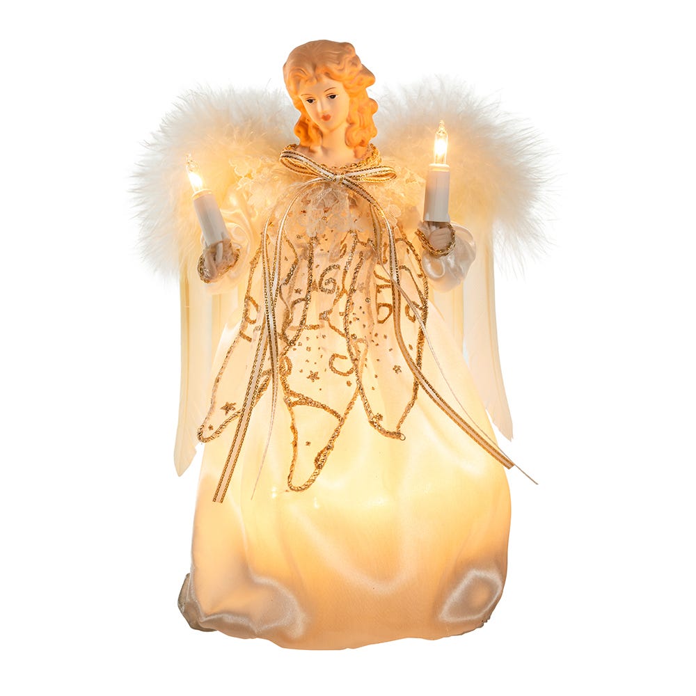 Front view of Ivory and Gold Angel Treetop showcasing feathered wings and two lighted candles against a white background