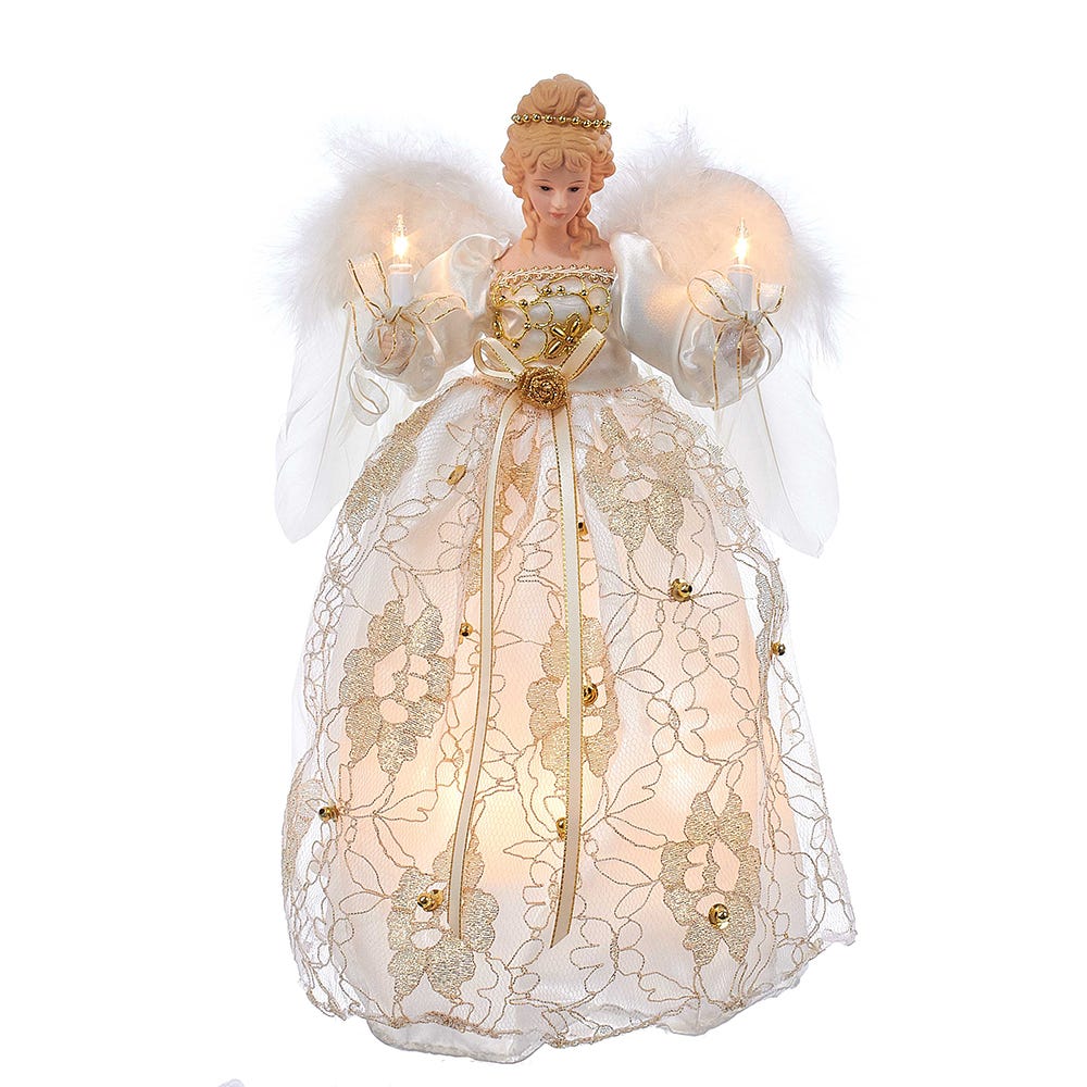 Front view of Ivory and Gold Angel Treetop showcasing feathered wings, lace gown, and lit candles on white background