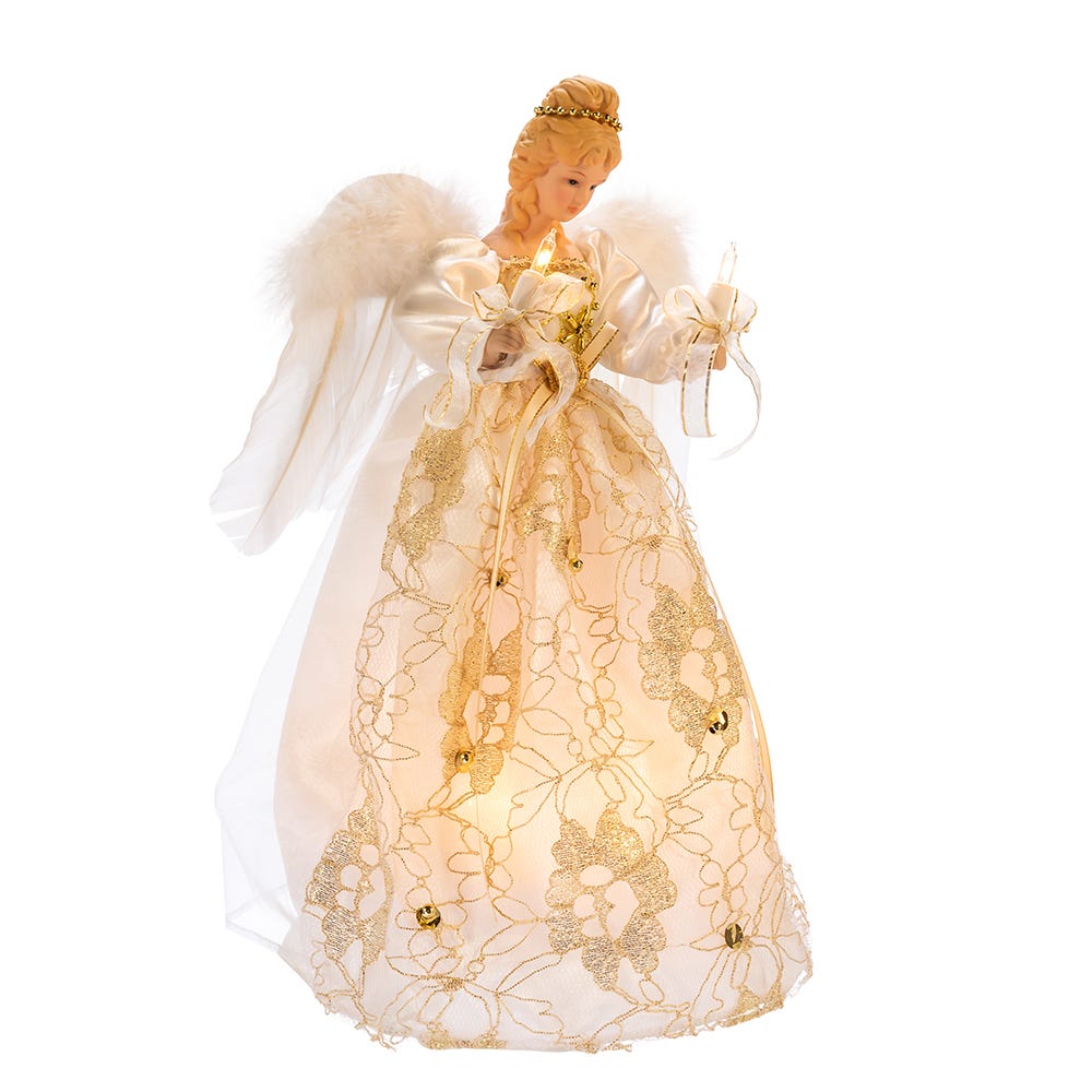 Front view of Ivory and Gold Angel Treetop showcasing feathered wings, lit candles, and lace gown on white background