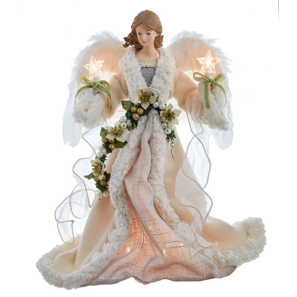 Front view of Ivory and Gray Angel Tree Topper showcasing feathered wings and two glowing stars on a white background