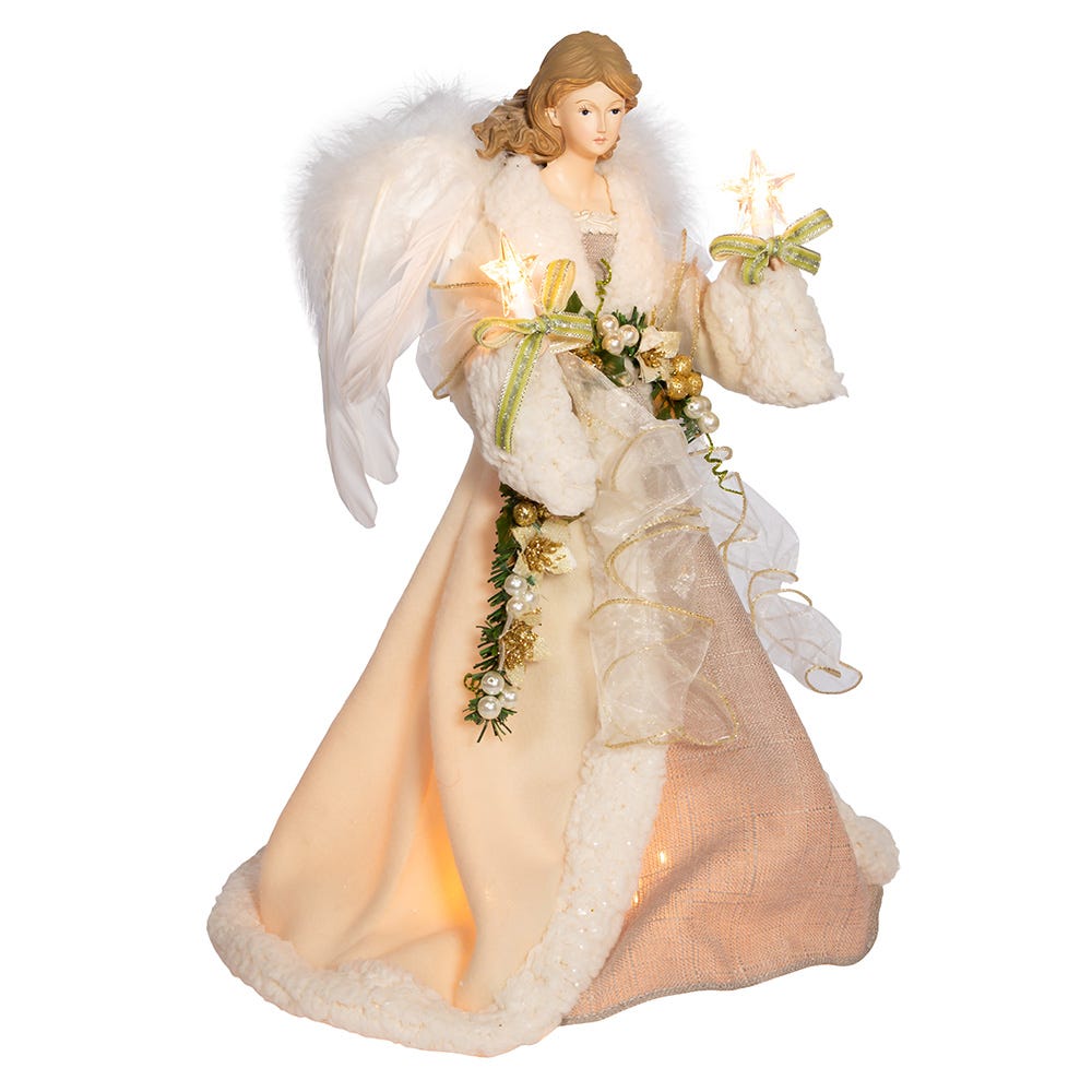 Front view of Ivory and Gray Angel Tree Topper showcasing feathered wings, floral trim, and glowing stars on white background