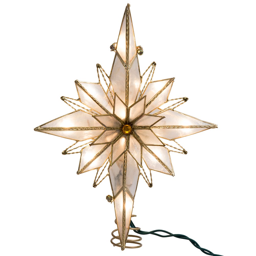 Front view of Multi-Pointed Bethlehem Star Treetop with twisted wirework and glass gem centerpiece on white background