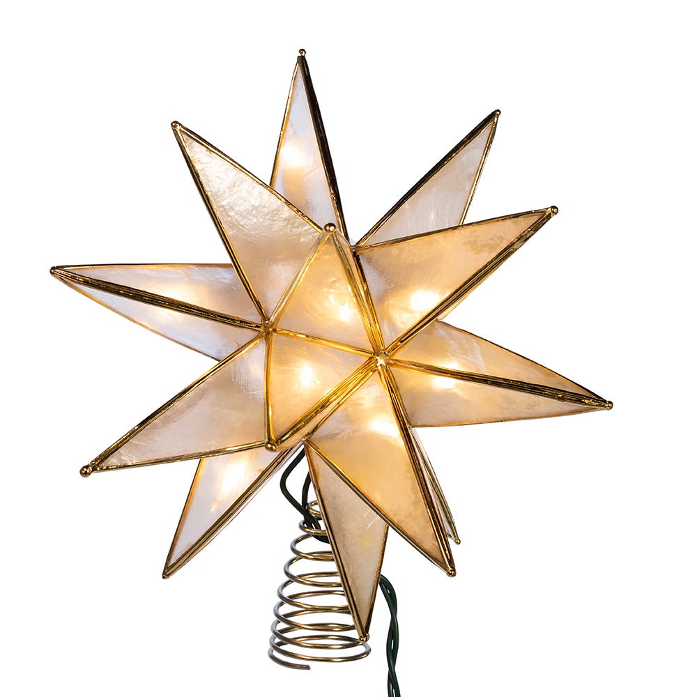 Front view of Star Capiz Treetop showcasing luminous capiz points and gold wire detailing with twisted wire base on white