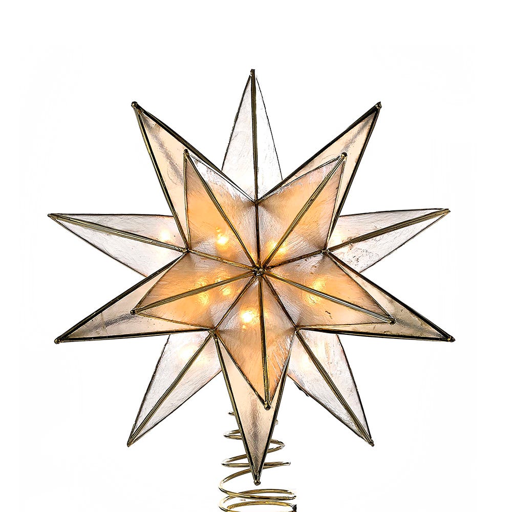 Front view of Star Capiz Treetop showing illuminated capiz panels, gold wire detailing and twisted wire base