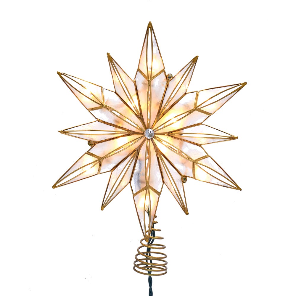 Front view of Capiz Star and Center Gem Treetop showing illuminated twelve-point star, clear gem center, and twisted wire base