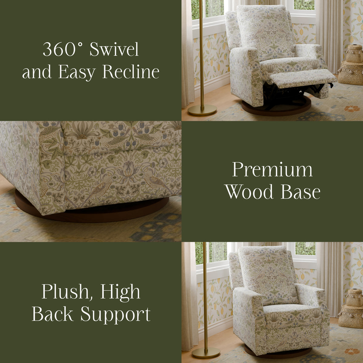 Morris & Co. x Namesake Crewe Recliner and Swivel Glider Strawberry Thief in Fig & Thyme