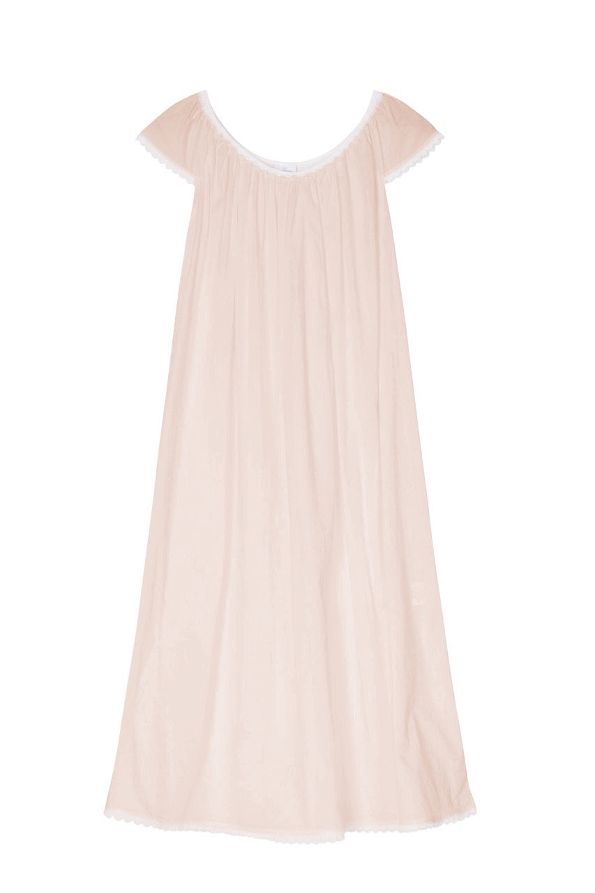 Long Cotton Nightgown with Flower Trim in Pink