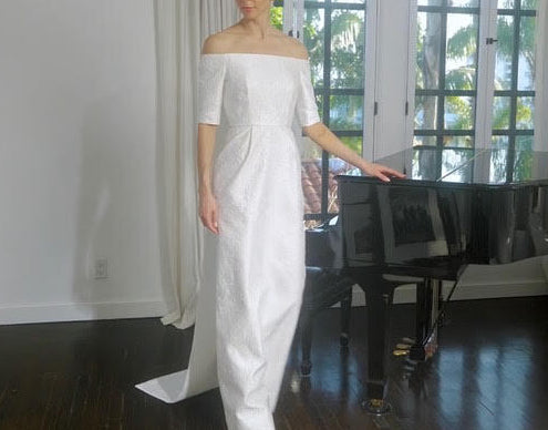 Off-The-Shoulder Slim-Waisted Bridal Gown With Panel Back And Bows In White French Brocade