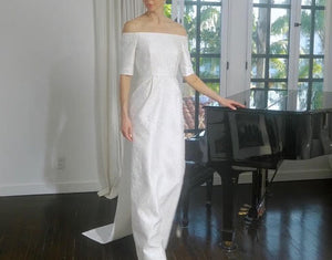 Off-The-Shoulder Slim-Waisted Bridal Gown With Panel Back And Bows In White French Brocade
