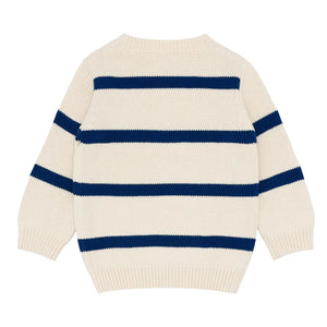 Unisex Cream And Navy Wide Stripe Knit Sweater