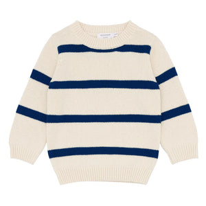 Unisex Cream And Navy Wide Stripe Knit Sweater