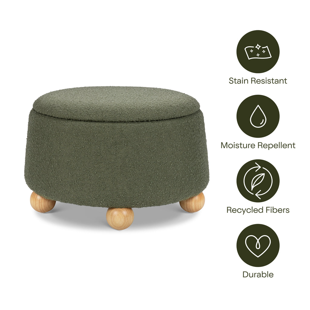Tuffet Storage Ottoman in Performance Olive Boucle with Honey Ball Feet