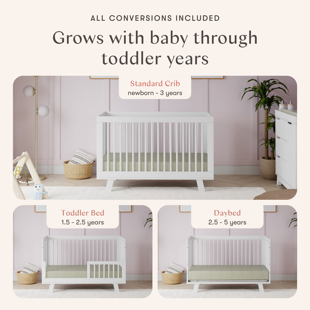 Hudson 3-in-1 Convertible Crib with Toddler Bed Conversion Kit in White