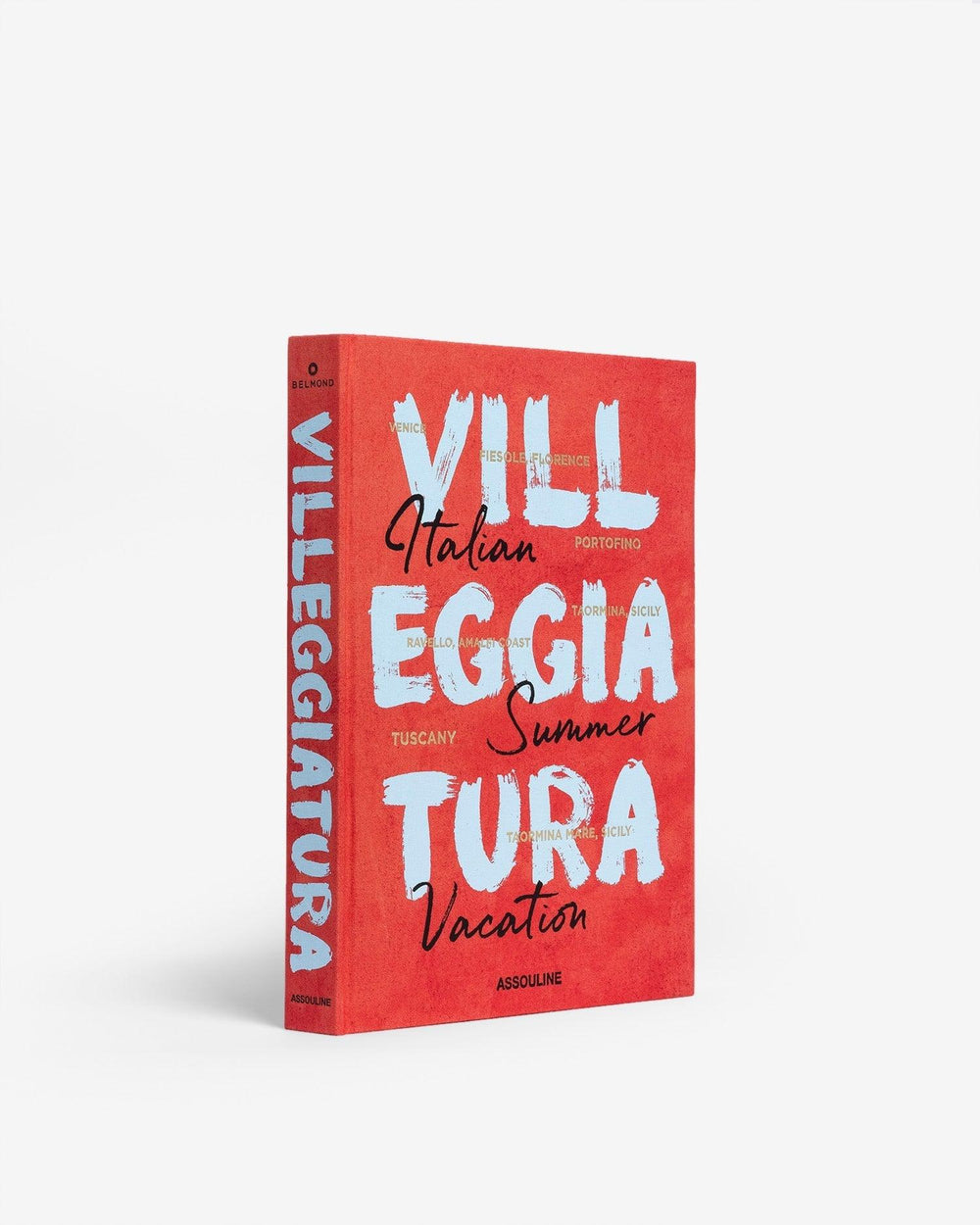Three-quarter view of Villeggiatura hardcover book with red linen cover and large white title ‘VILLEGGIATURA’