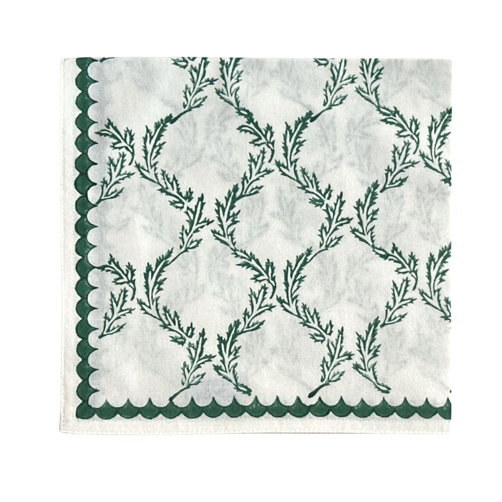 Dark Green Vine Block Print Napkins, Set of 4