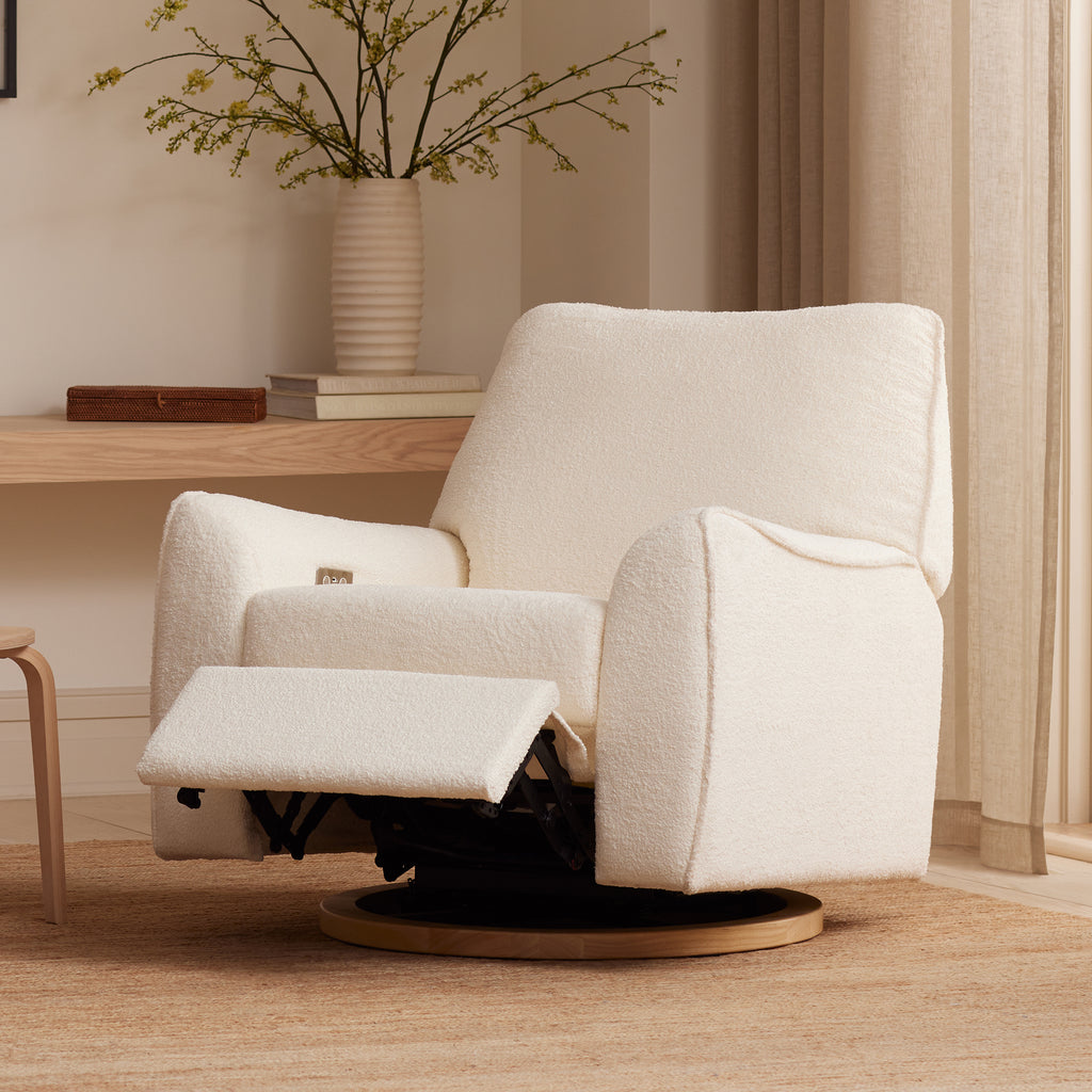 Sunday Power Recliner and Swivel Glider in Chantilly Fleece with Light Wood Base