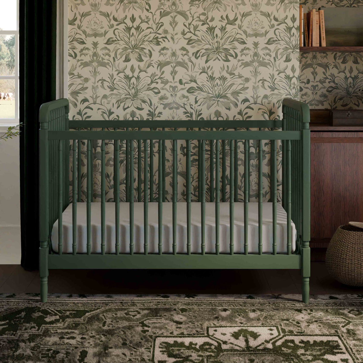 Liberty 3-in-1 Convertible Spindle Crib with Toddler Bed Conversion Kit in Forest Green