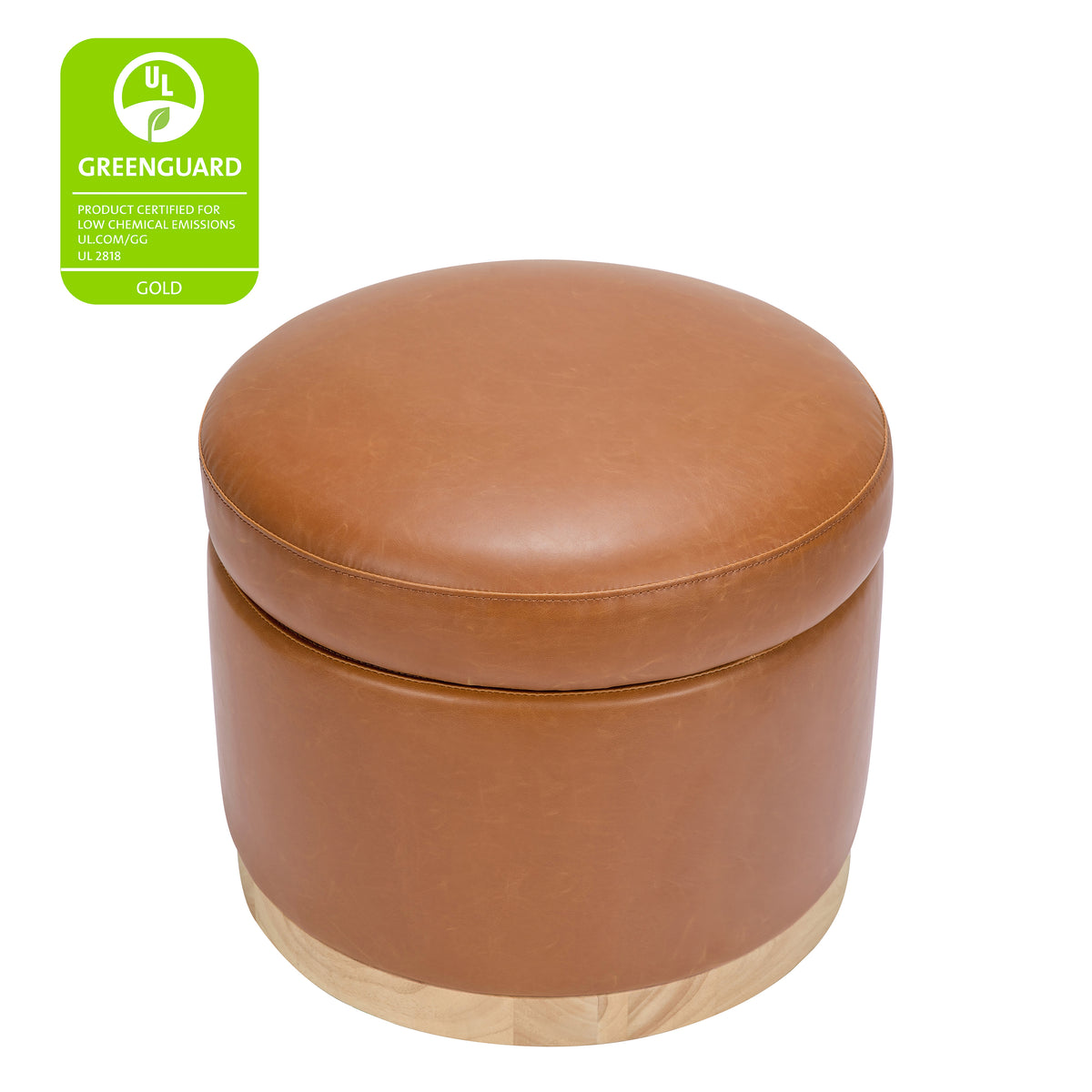 Naka Storage Ottoman in Vegan Leather in Vegan Tan Leather with Light Wood Base