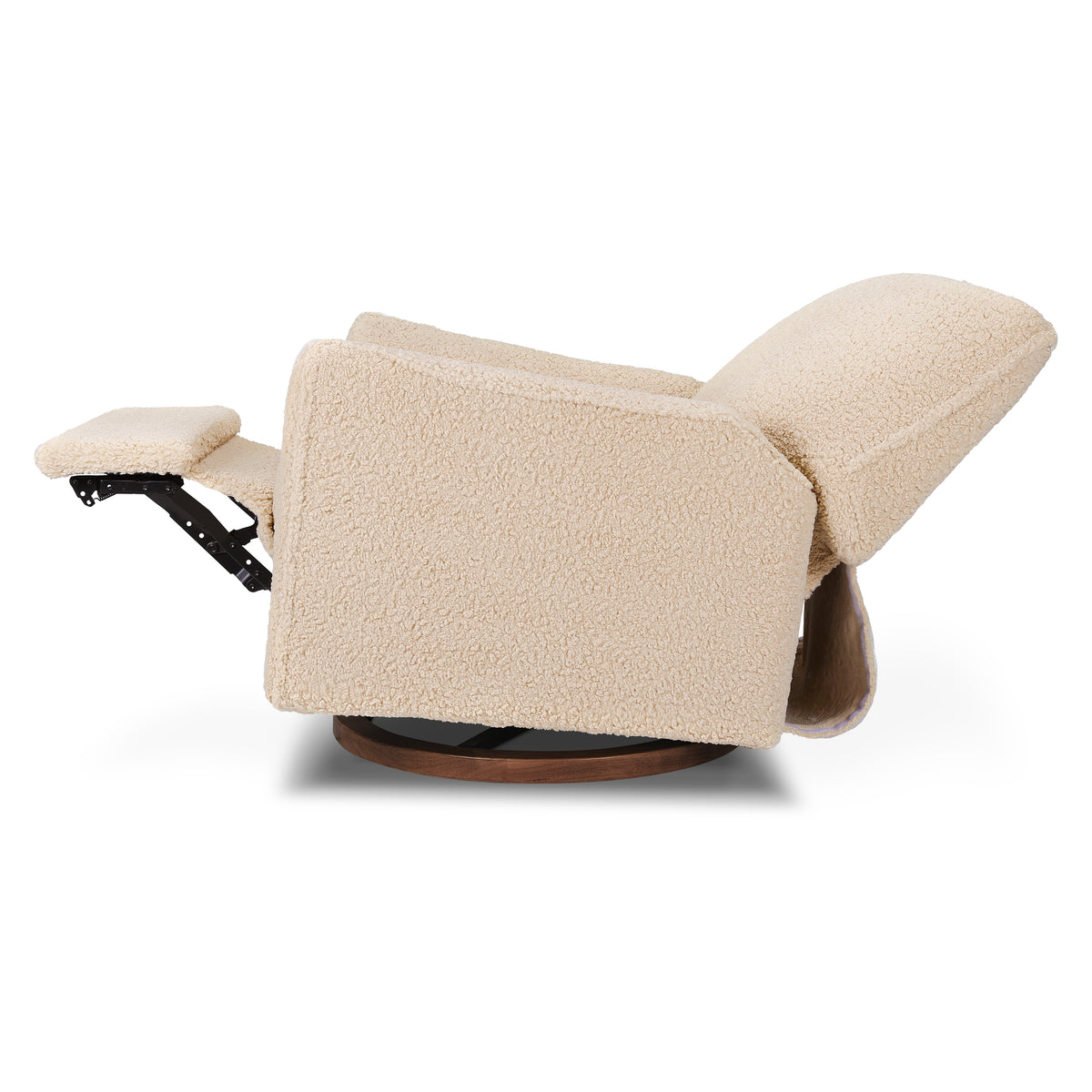 Sunday Power Recliner and Swivel Glider in Chai Shearling with Dark Wood Base