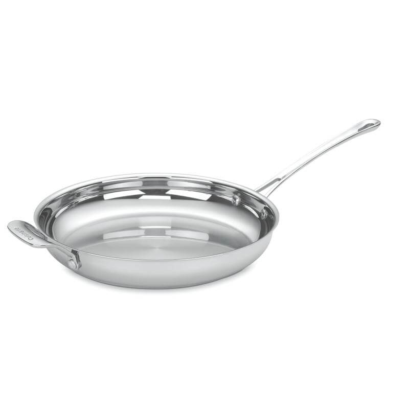 Angled view of Contour Collection 12 inch skillet with helper handle showing polished stainless steel on white background