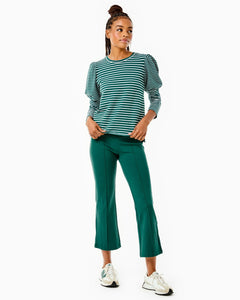 Model is wearing the Webster Top in Ivy/ Super White Stripe with the Everyday Legging in Ivy