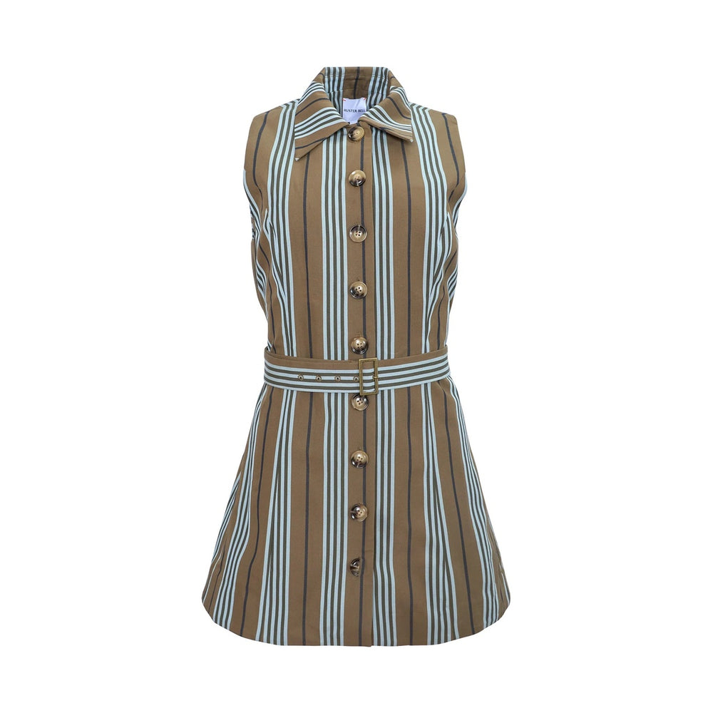 Front view of the Wesley Tunic in Hillcrest Stripe showcasing its belted waist and button-front closure on a white background