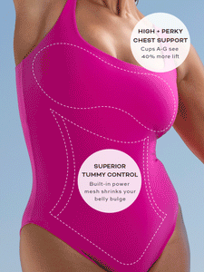 pink dreamsculpt square neck tank one piece swimsuit with chest support and tummy control on model
