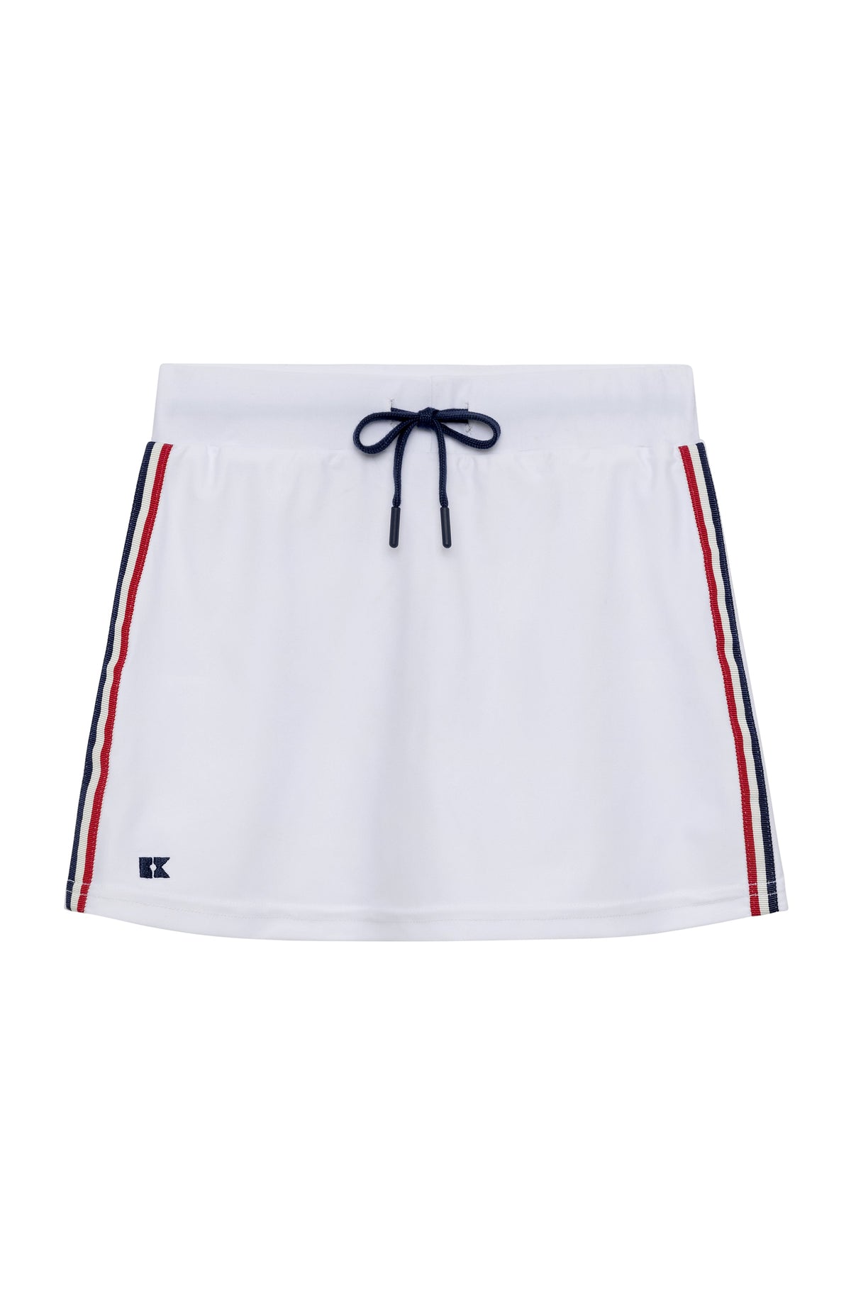 Front view of Liberty Love skort showing navy drawstring, red-and-navy side stripes, and small embroidered logo on white background
