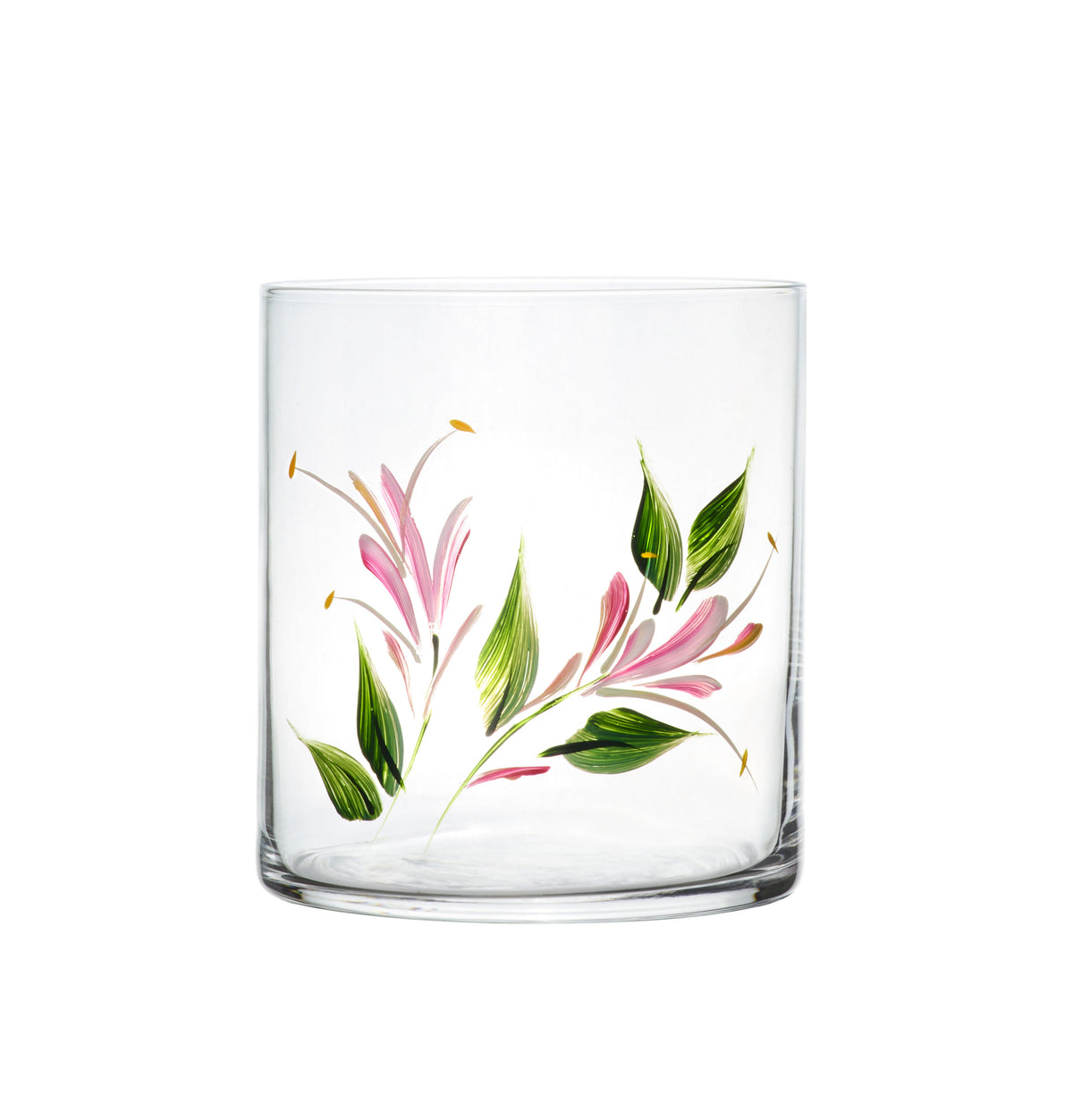 Front view of Honeysuckle Crystal Tumbler showcasing hand-painted pink flowers and green leaves on a white background