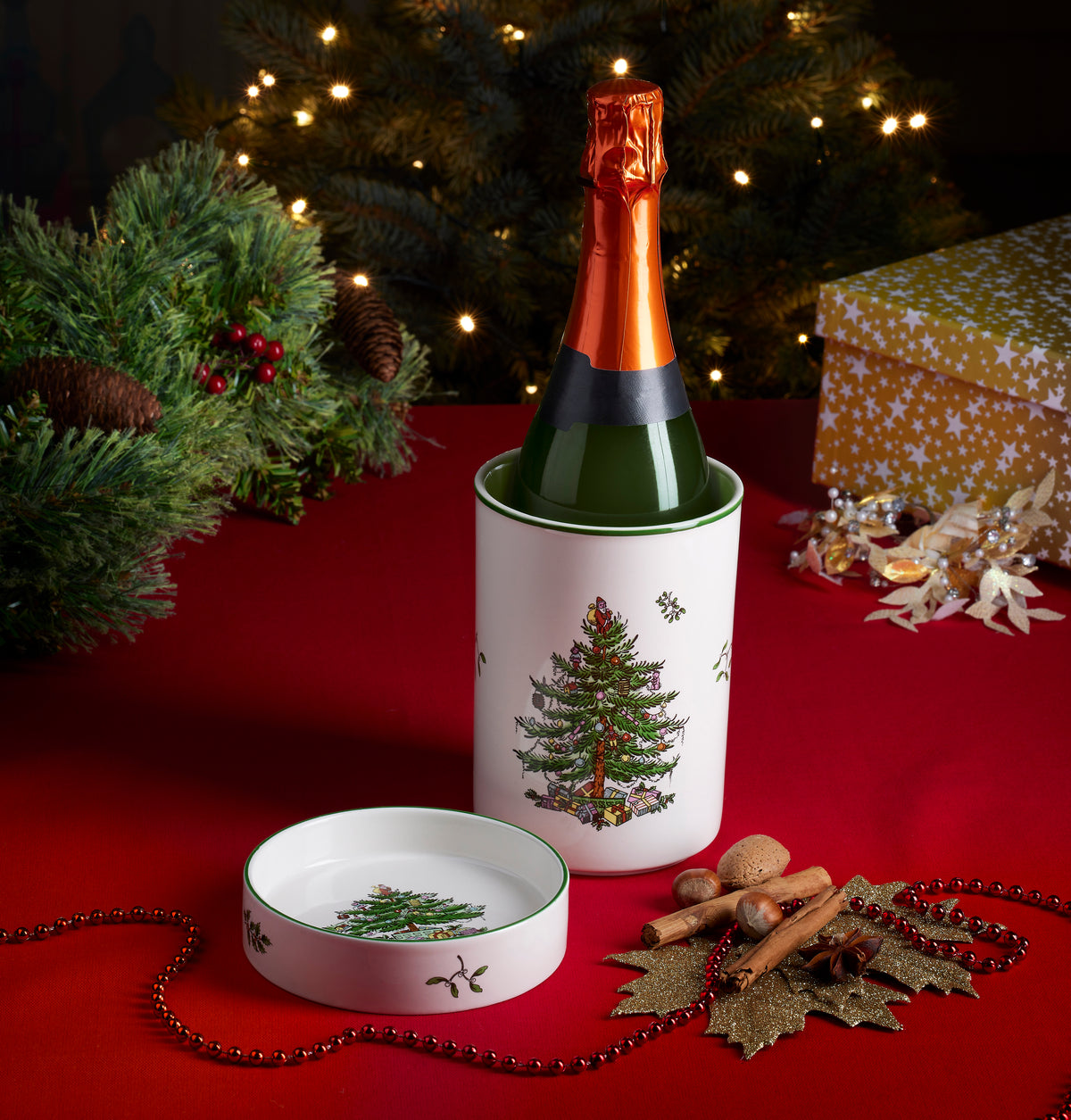 Christmas Tree 2-Piece Wine Chiller & Coaster Set